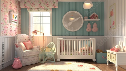 AI generated image. A decorative, colorful baby room with a modern pattern and special wall decor