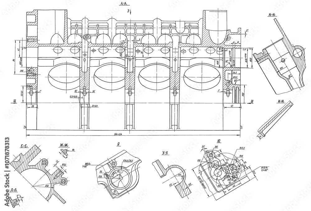 Cylinder block of engine of cargo vehicle.
Engineering mechanical drawing of automotive
device. Industrial cad scheme on white paper sheet.
Technology design of machine building industry. Cylinder block of engine of cargo vehicle.
Engineering mechanical drawing of automotive
device. Industrial cad scheme on white paper sheet.
Technology design of machine building industry.