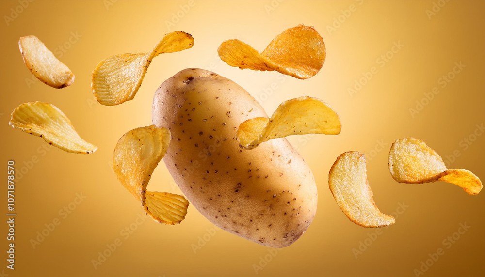 Raw potato turning into tasty crispy chips in air on beige background Raw potato turning into tasty crispy chips in air on beige background