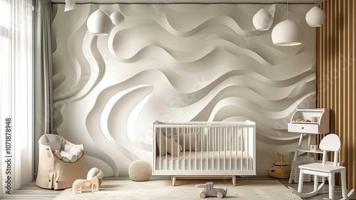 AI generated image. A decorative, colorful baby room with a modern pattern and special wall decor