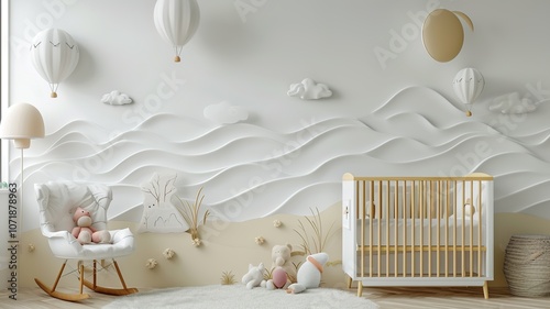 AI generated image. A decorative, colorful baby room with a modern pattern and special wall decor