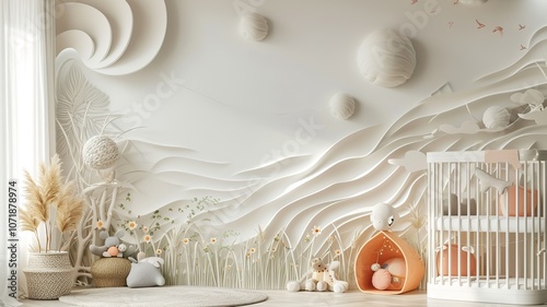 AI generated image. A decorative, colorful baby room with a modern pattern and special wall decor