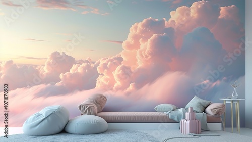 AI generated image. A decorative, colorful baby room with a modern pattern and special wall decor