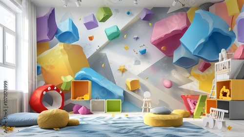 AI generated image. A decorative, colorful baby room with a modern pattern and special wall decor