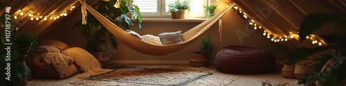 Cozy indoor hammock with pillows and warm lights