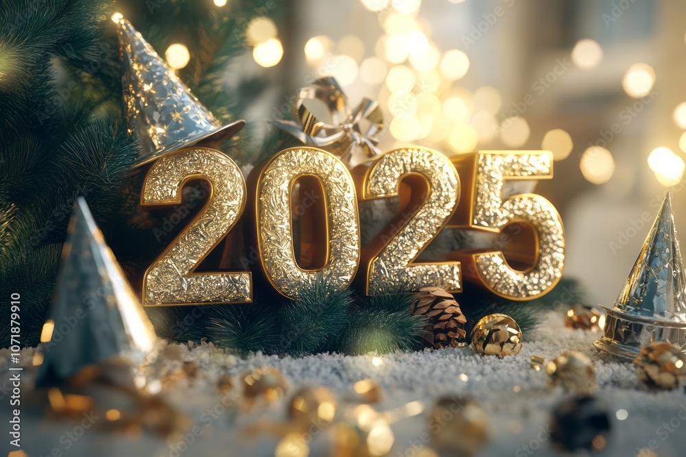 Golden 2025 New Year's Eve Decoration with Christmas Tree Branches and Festive Lights