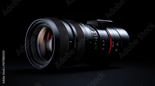 A camera lens showcasing its design and functionality against a dark background.