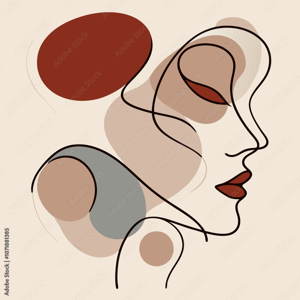 Vector graphics abstract woman face profile with flowing lines and colorful shapes on a soft background