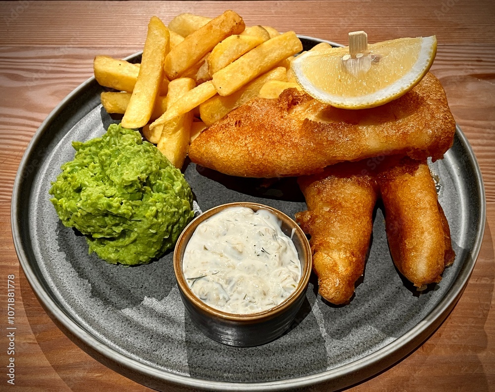 Gourmet British fish and chips and mushy peas with tartare sauce