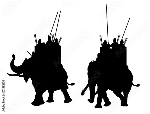 Carthaginian war elephant with crew. Historical black silhouette vector drawing.	