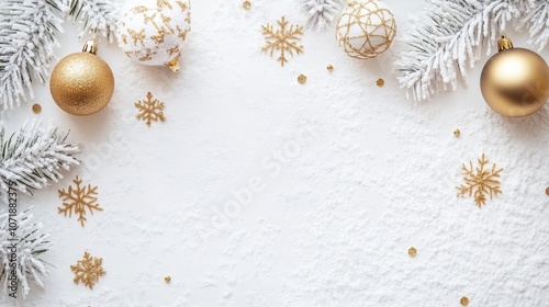 Festive red gold Christmas ornaments, pinecones, green fir branches on clean white background, evoking holiday cheer.