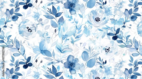 Wallpaper Mural Elegant Blue Watercolor Background with Plants and Flowers - a serene and artistic visual. The blue watercolor design evokes a calm and natural scene Torontodigital.ca