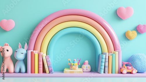 Rainbowcolored shelf with baby books and toys, vibrant nursery decor, 3D illustration photo