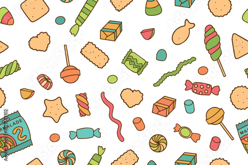 Seamless pattern with colorful candies, cookies and sweets on a white background. Texture for banners, wallpaper, textile, wrapping paper, confectionery or children's party. Vector. 