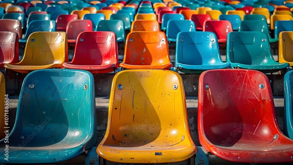 Fototapeta premium Sports Background Featuring a Close-Up Angle of Colorful Plastic Stadium Seats Against the Backdrop of an Empty Field, Creating a Sense of Longing for Action, Abstract Art Style