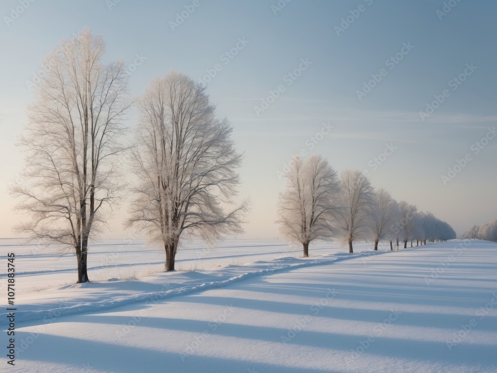 Winter landscape with frosted trees lining a snowy field at dawn. Winter landscape with frosted trees lining a snowy field at dawn.