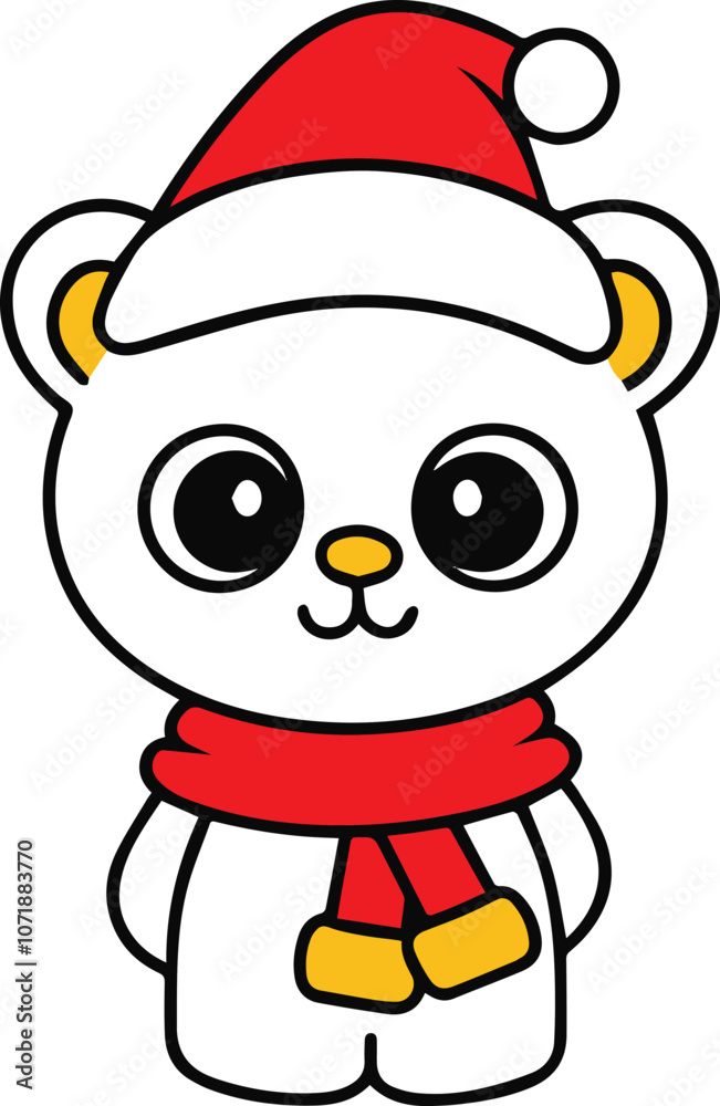 A cute bear cub wearing a Santa clause hat and scarf on white background A cute bear cub wearing a Santa clause hat and scarf on white background
