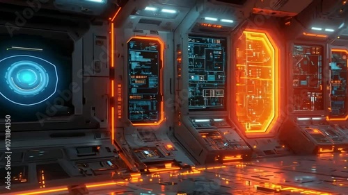 Futuristic Spaceship Interior with Orange Glowing Lights and Screens