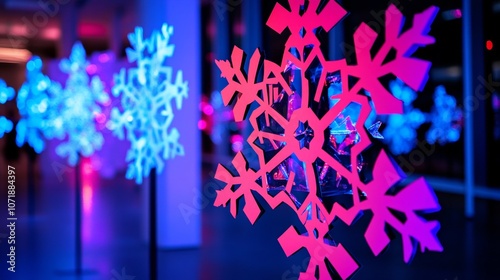 Festive window display featuring snowflakeshaped floral arrangement, surrounded by twinkling lights holiday decorations. photo