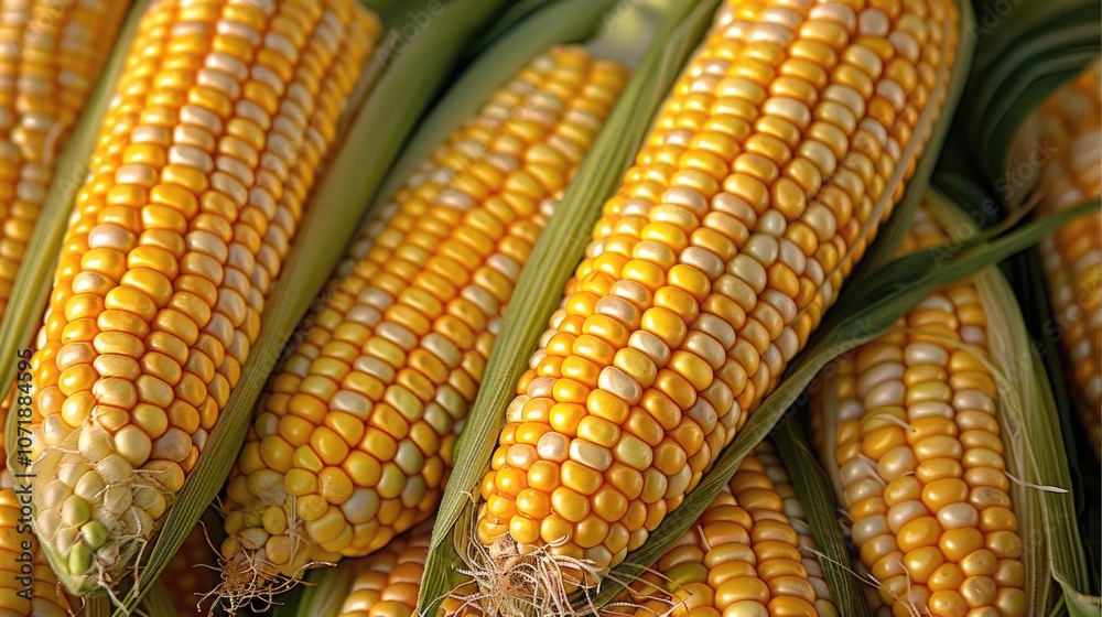 Fototapeta premium Corn cobs in a corn plantation field with bright green leaves and golden kernels.