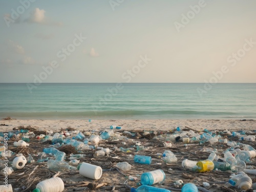 Pollution on a beach with plastic bottles near calm ocean water. photo