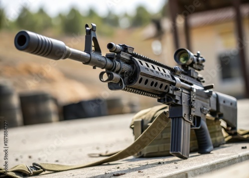 Close-up of a tactical rifle with scope photo