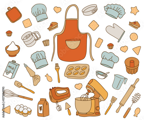 Colorful trendy collection of baking accessories. Set of kitchen utensils for cooking in doodle style on white background. Vector. 