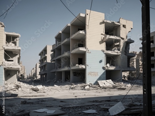 Desolate urban landscape after conflict in a devastated city.