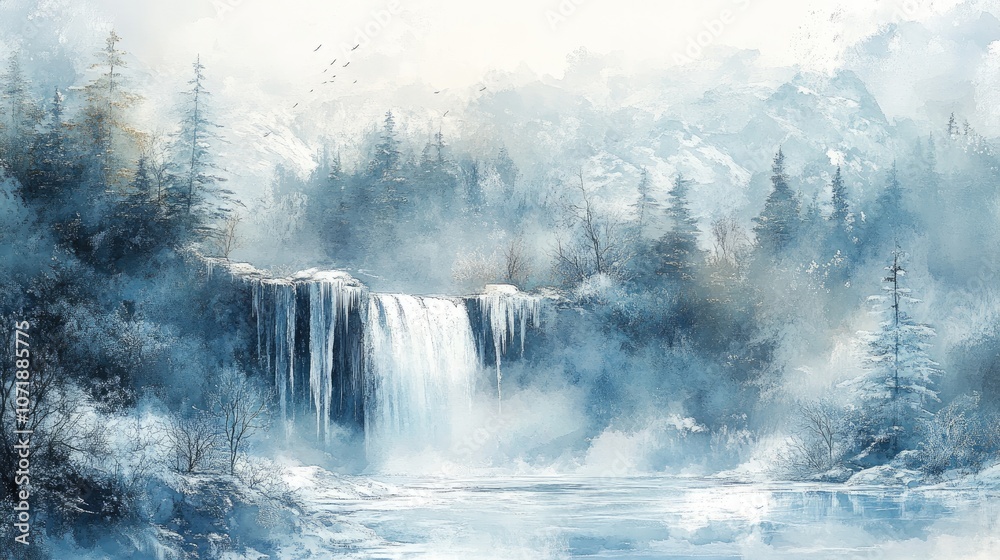A picturesque waterfall cascades down a snowy mountainside, mist rising from the water and creating a serene atmosphere. A picturesque waterfall cascades down a snowy mountainside, mist rising from the water and creating a serene atmosphere.