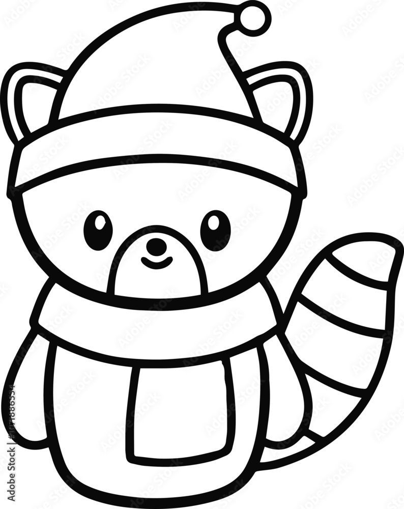 Fototapeta premium vector silhouette Outline of A cute raccoon wearing a Santa clause hat and scarf on white background
