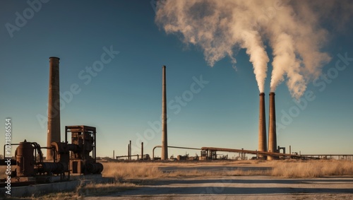 Abandoned site with smokestacks polluting a clear sky. photo