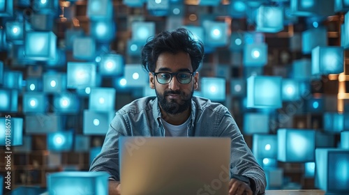 an Indian man sitting at a desk while working on a laptop. Behind him is plethora of blue cubes emanating.