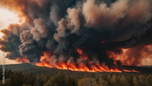 Wildfire engulfs forest under cloudy skies during late afternoon burn. photo