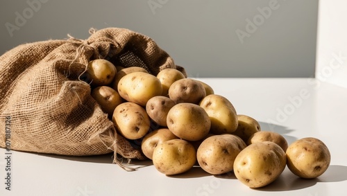 Freshly harvested potatoes in a burlap sack ready for cooking. photo