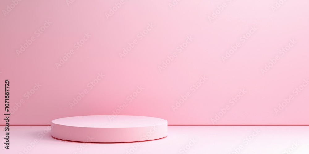 A minimalistic pink background with a round podium for showcasing products. A minimalistic pink background with a round podium for showcasing products.