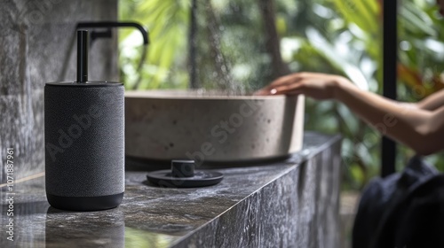 Modern Bathroom Setting with Elegant Soap Dispenser and Natural Stone Basin Surrounded by Lush Greenery for a Relaxing Atmosphere and Contemporary Design Inspiration