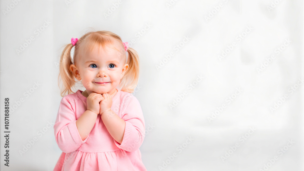 Young girl with an excited expression wearing a pink dress and pigtails sitting on a light background with copy space Young girl with an excited expression wearing a pink dress and pigtails sitting on a light background with copy space