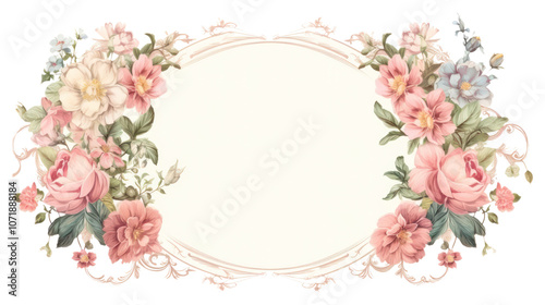 PNG Vintage flowers oval frame pattern plant white background.