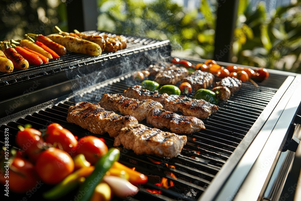 Grilled Meat and Vegetables on a Summer Barbecue Grilled Meat and Vegetables on a Summer Barbecue
