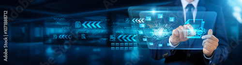 Document Management. Businessman touching interface and optimizing, streamlining document workflows, enhancing collaboration and accessibility, simplifying data organization, efficiency concept.