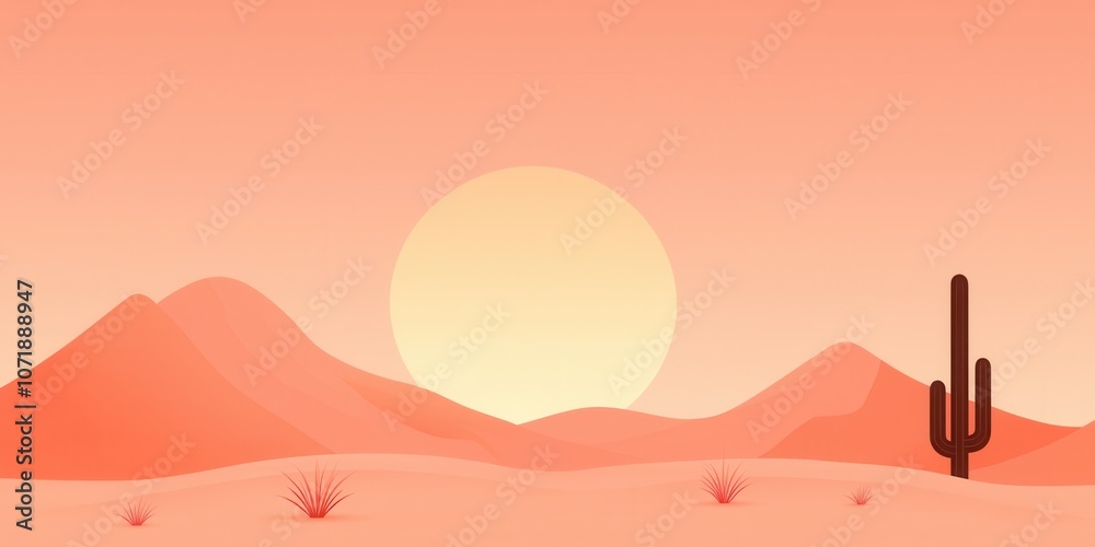 Fototapeta premium A serene desert landscape with mountains and a cactus under a warm sunset.