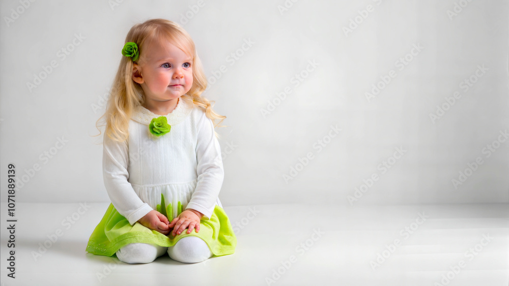 Young girl with a gentle smile wearing a white sweater and green skirt sitting on a light background with copy space Young girl with a gentle smile wearing a white sweater and green skirt sitting on a light background with copy space