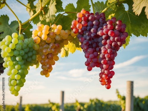 Freshly harvested clusters of ripe grapes hanging from lush green vines in a vineyard on a sunny afternoon. photo