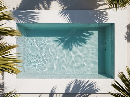 Top view of a swimming pool with palm leaves casting shadows on the water. photo