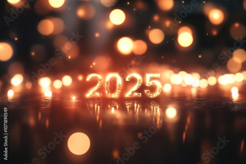 Golden 2025 Number with Bokeh Lights