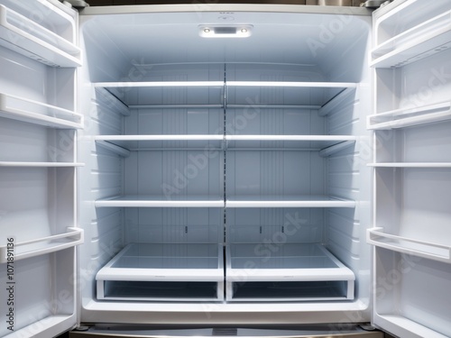 Empty refrigerator interior with bright lighting and organized shelves showcases spacious storage potential for food and beverages. photo