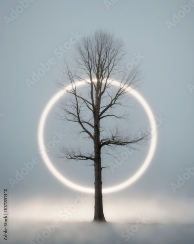 solitary tree with glowing rings in misty cloudscape.