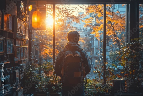 Person gazing at autumn foliage through window.