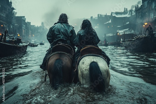 Two riders on horseback in a foggy city. photo