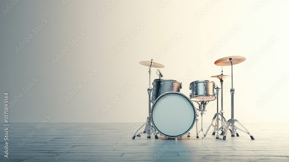 Drum set in empty room with wooden floor and white wall Drum set in empty room with wooden floor and white wall